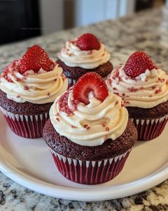 Filled Strawberry Cheesecake Red Velvet Cupcakes Recipe