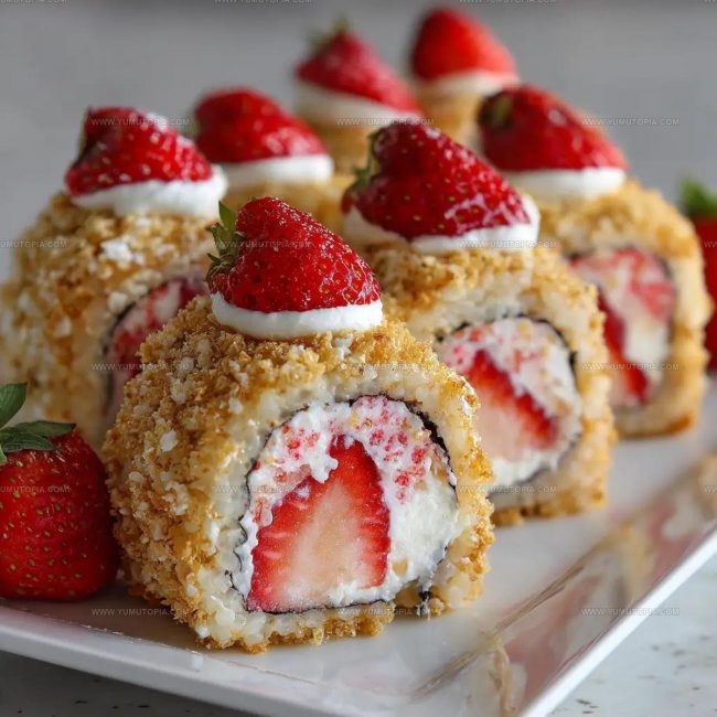 Preparing Strawberry Shortcake Cheesecake Sushi Rolls Step by Step